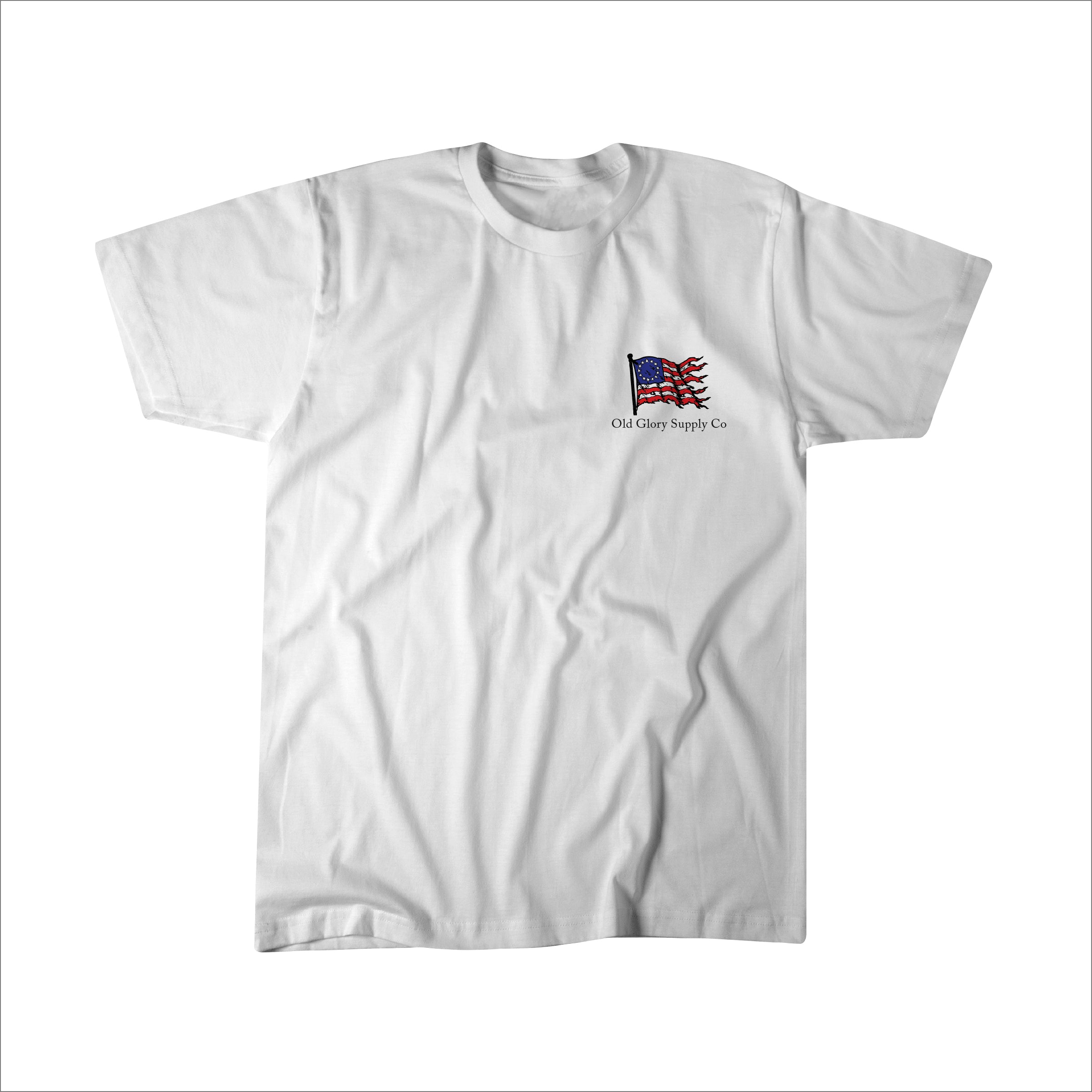 White t-shirt with a logo on the chest against a white background