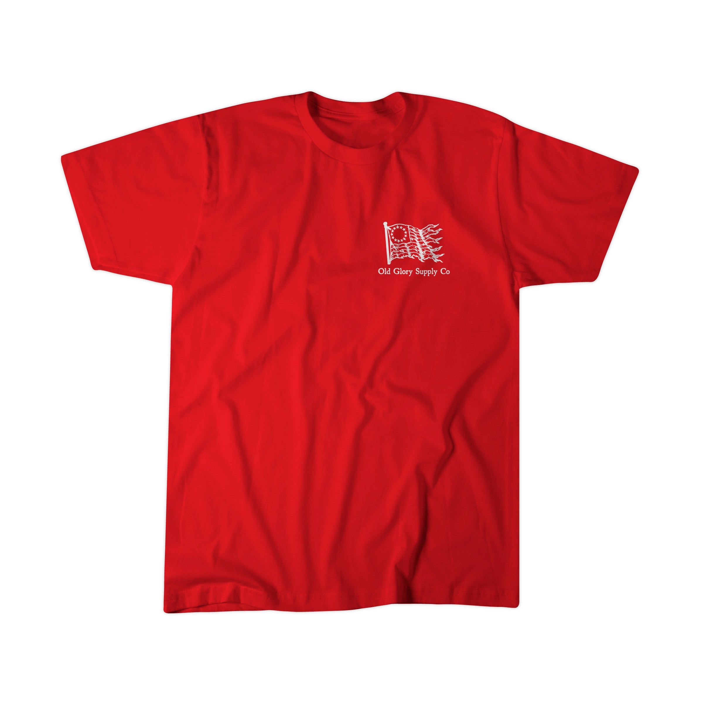 Red t-shirt with a logo and text on a white background
